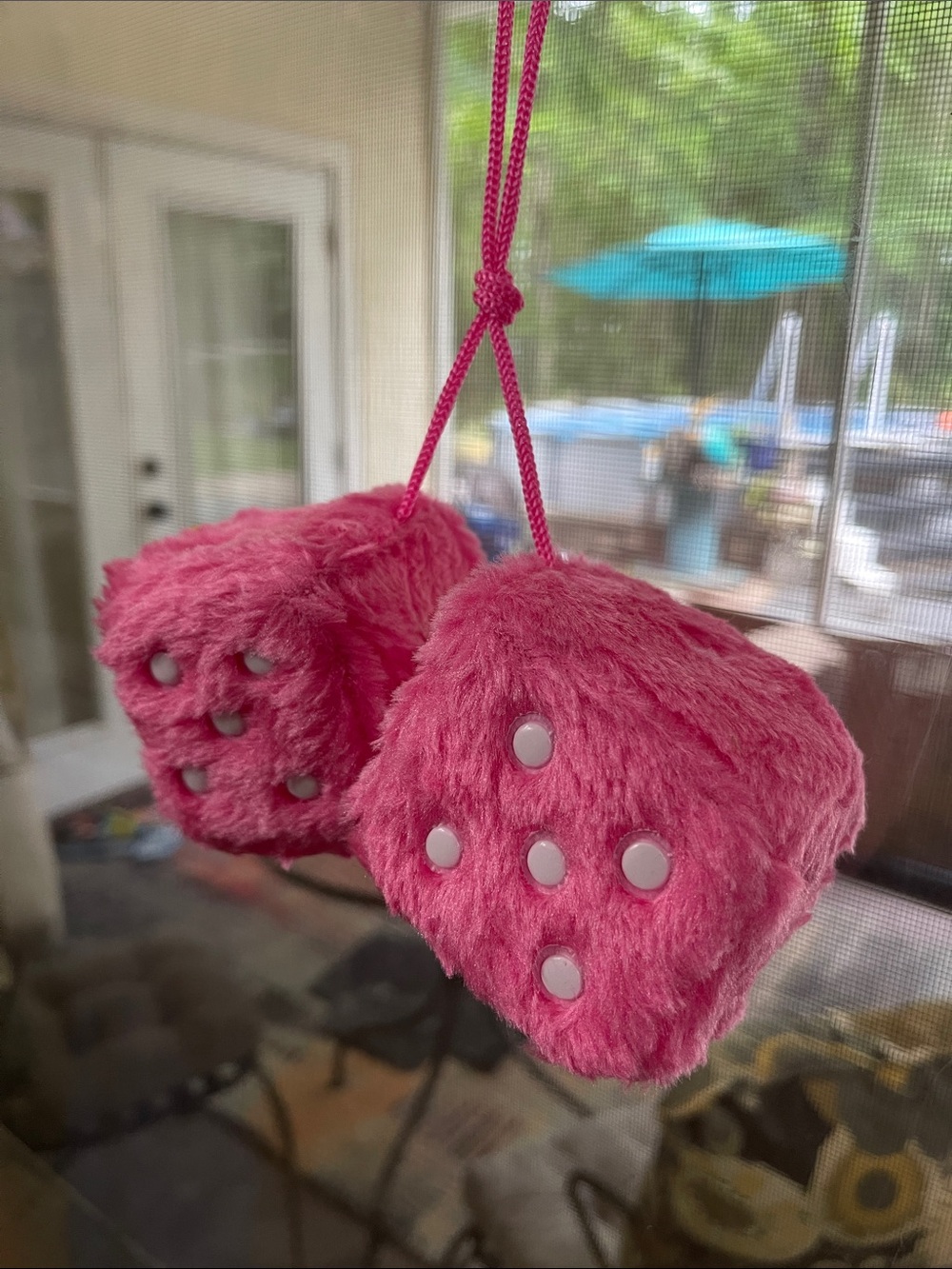Fuzzy Pink Dice Hanging Ornament